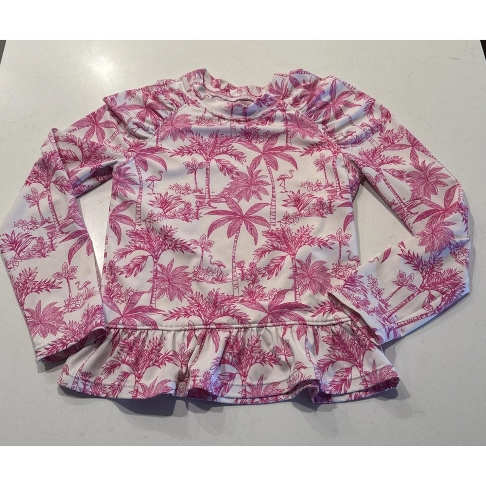 Janie & Jack Flamingo Rashguard Girls Size 6 Pink White Long Sleeve Beach READ